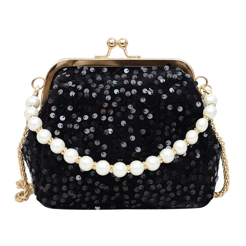 2024 Spring New Evening Bag with Glitter and Pearl Chain Shoulder Bag Women's Crossbody Bag Shell Bag