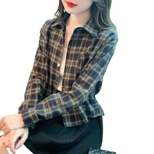 磨毛格子衬衫女款外套小个子春秋2025新款设计感小众复古短款衬衣|undefined