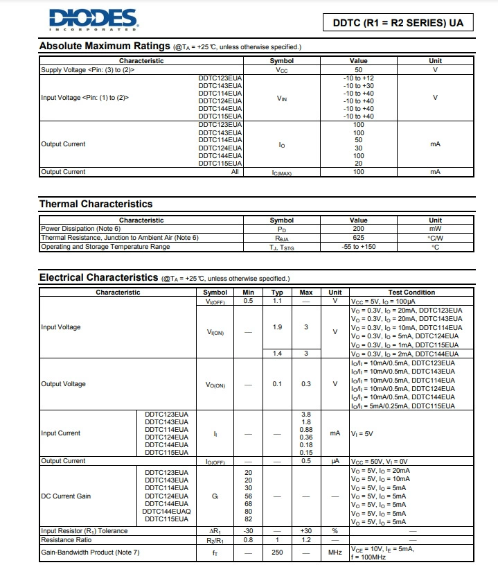 Транзистор DDTC114EUA-7-F DIODES/US Тайвань биполярный транзистор с предварительным смещением (PRE-BIAS)