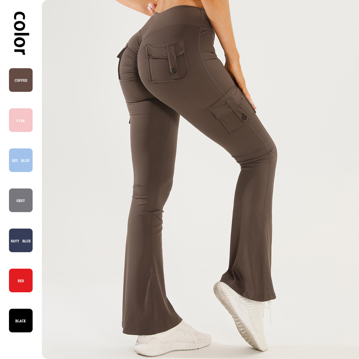 Pantalones de yoga de bolsillo de cintura alta europeos y americanos transfronterizos, pantalones acampanados, pantalones deportivos de cadera delgada de mujer, pantalones de fitness de cadera de melocotón