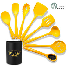 新中式黄色全包硅胶8件套厨房工具厨具套装 烹饪铲勺炒铲带收纳桶