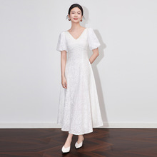 2509903-法式重工镂空纯棉绣花泡泡袖花边连衣裙优雅气质南油长裙