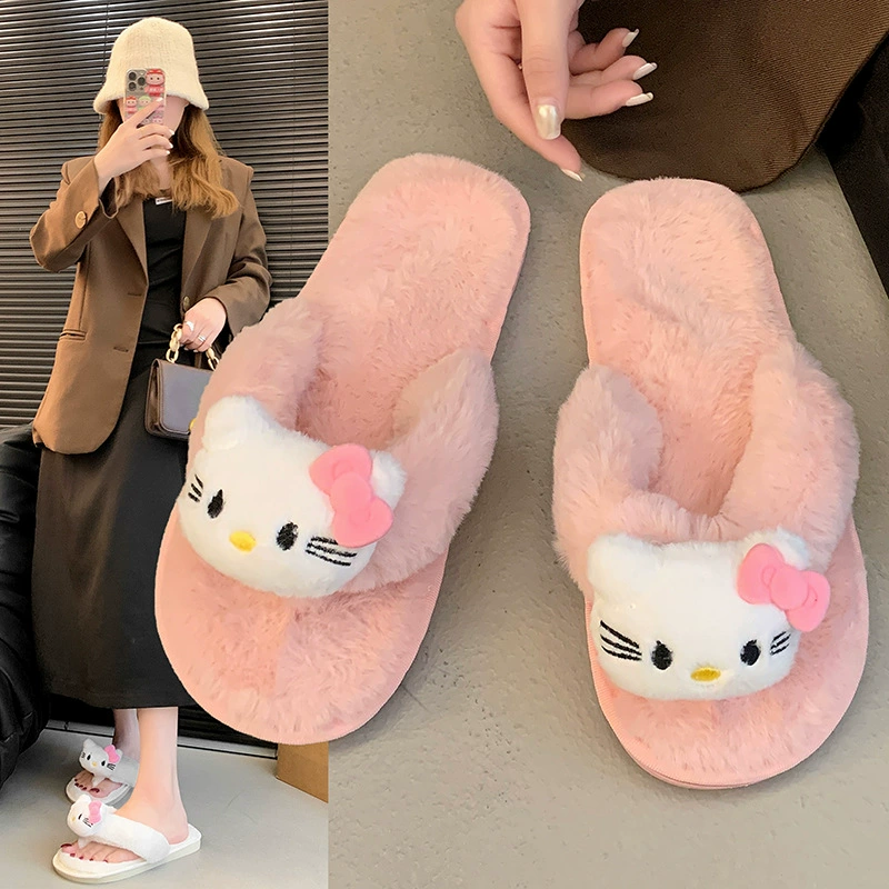 Сладкая милая кошка плюшевые шлепанцы шлепанцы для девочек 2024 осень-зима новая мода носить ножки шлепанцы супер огонь