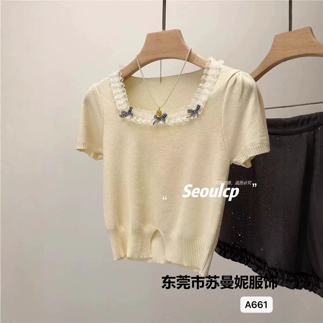 Модная вязаная летняя футболка с short sleeves, милые короткие бретели