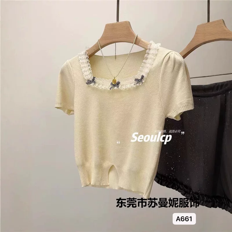 Модная вязаная летняя футболка с short sleeves, милые короткие бретели