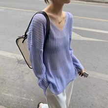 防晒针织衫罩衫女夏季镂空白色冰丝薄款宽松外搭套头V领网织上衣