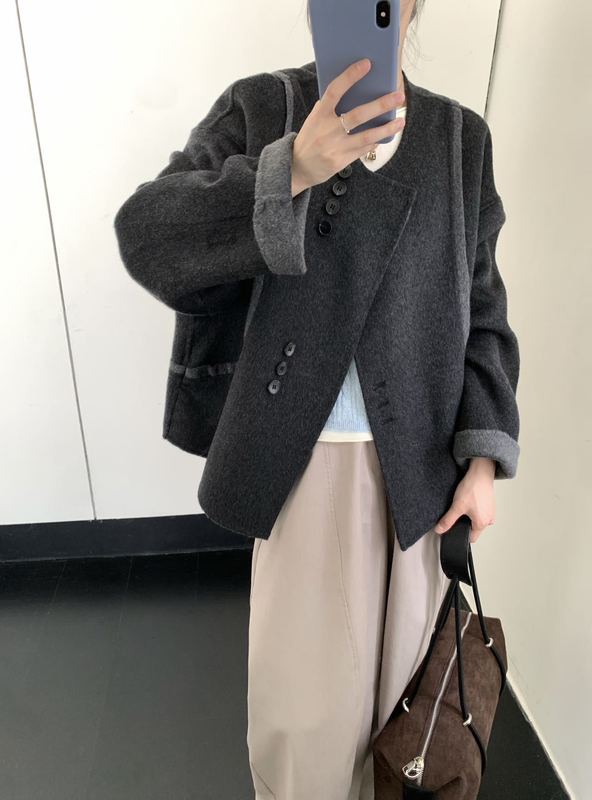 双面羊毛大衣女2025秋冬新款韩系撞色气质圆领宽松显瘦羊毛呢外套|undefined