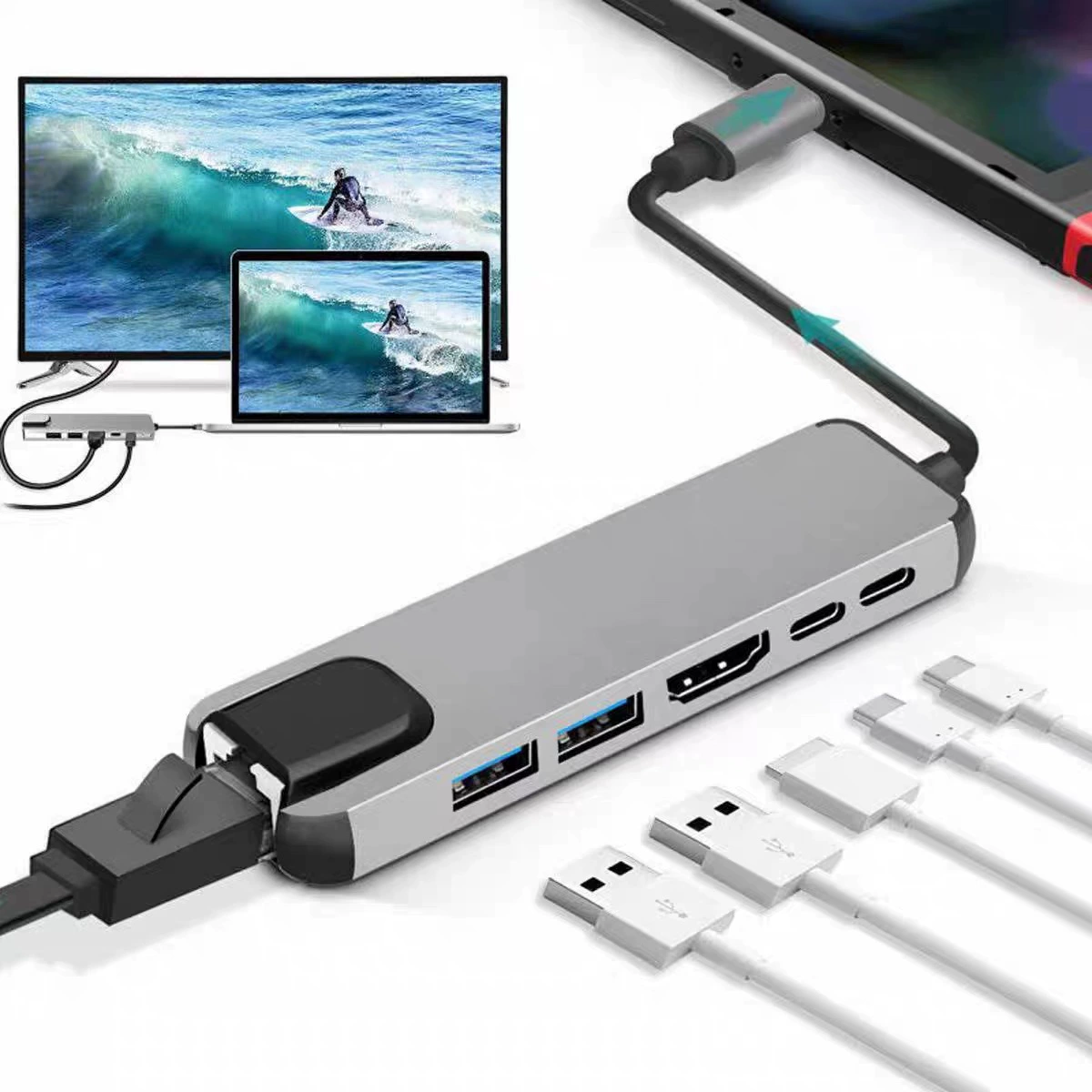 Шесть в одном Type-C расширенный док PD100W ноутбук расширенный док USB-C до HDMI хаб HUB
