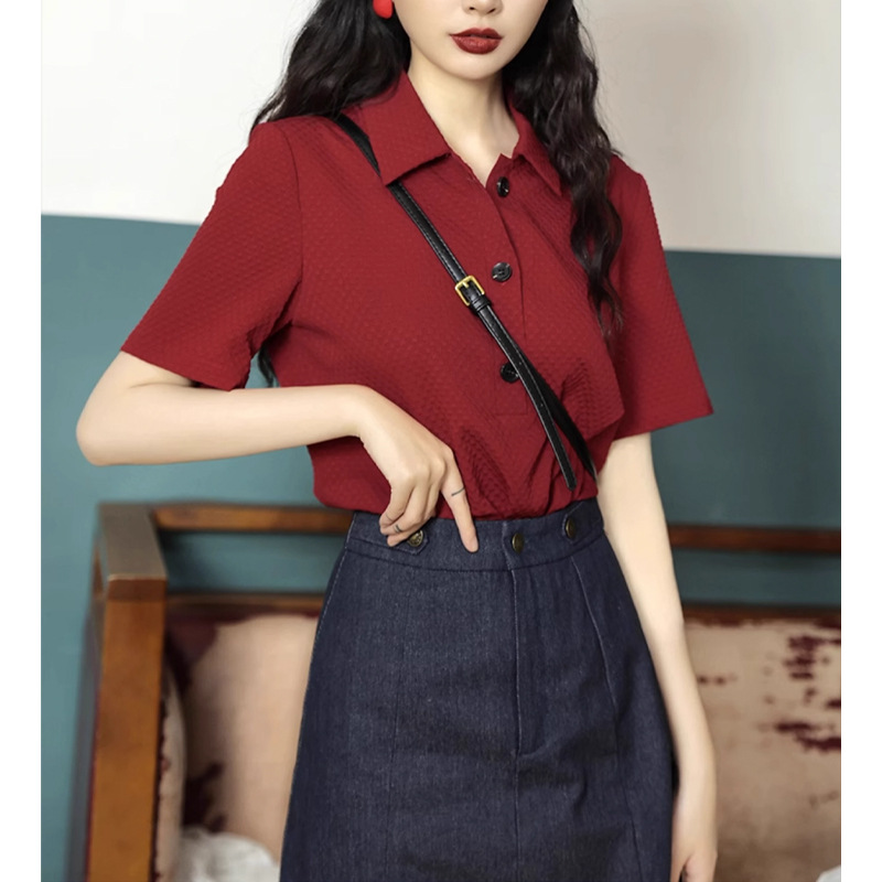 Áo thun nữ cổ POLO phong cách Hồng Kông, form rộng ống đứng, tay ngắn mùa hè — Đỏ anh đào chi tiết 3