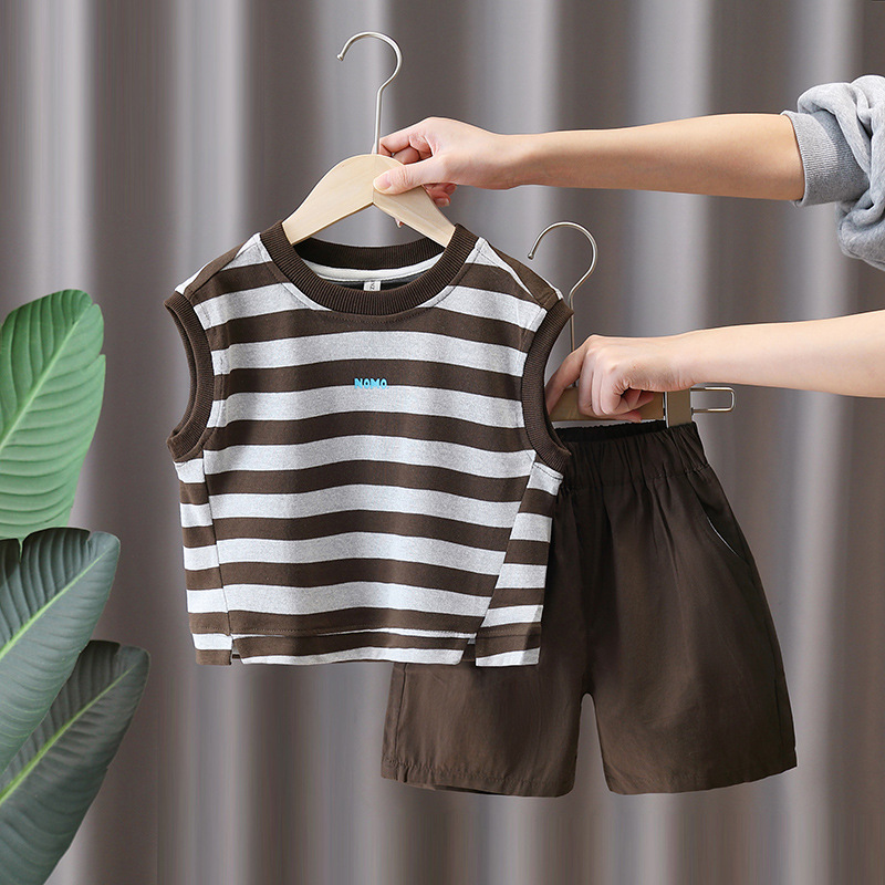 7389 Traje de verano para niños 2025 Nuevo chaleco a rayas sin mangas para niños Verano delgado Versión coreana de dos piezas Verano