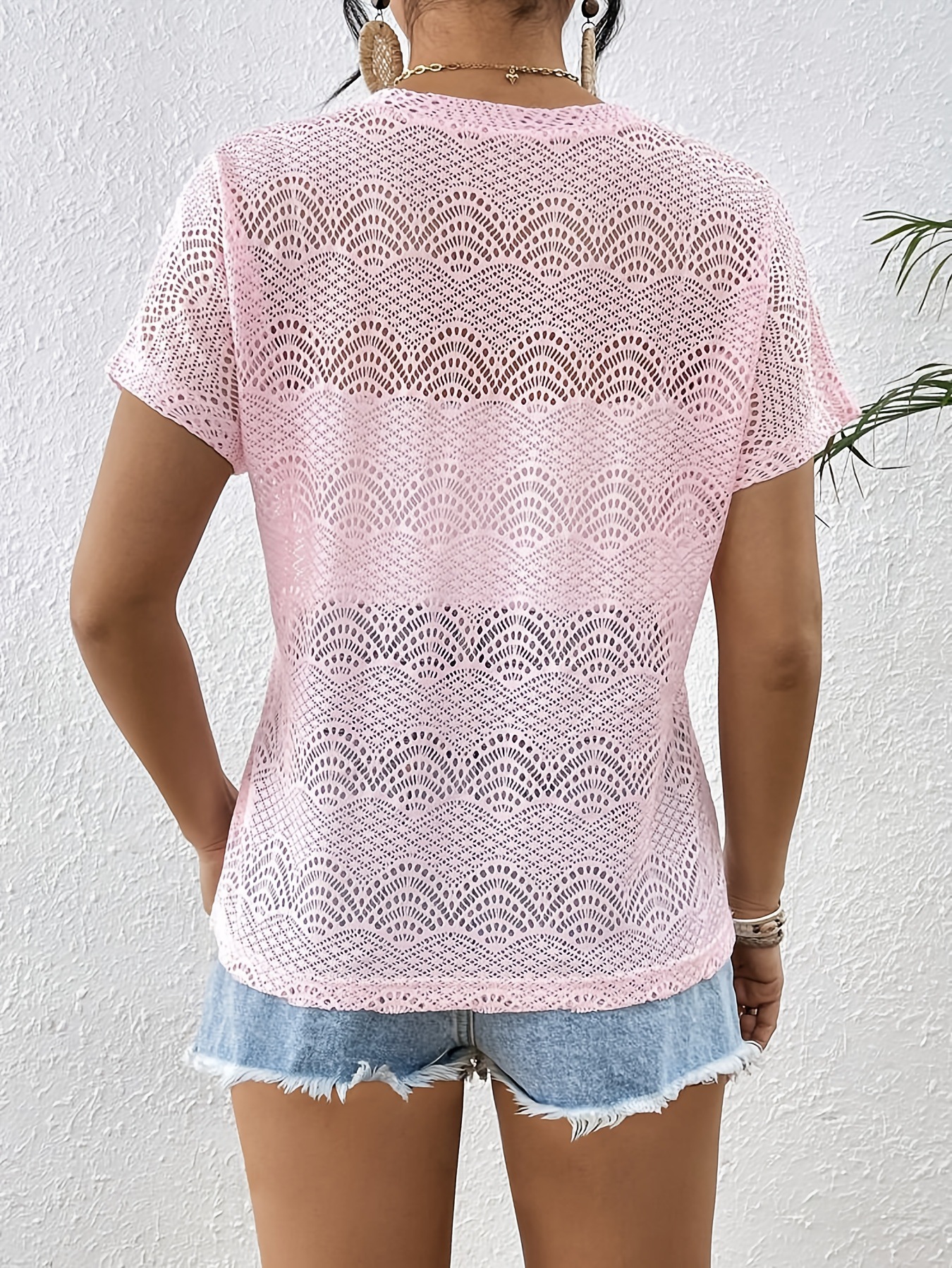 Europa y Estados Unidos transfronterizos 2026 verano color sólido moda suelta encaje de cuello en V murciélago camiseta de manga corta de vacaciones de mujer chaqueta de viento mujer