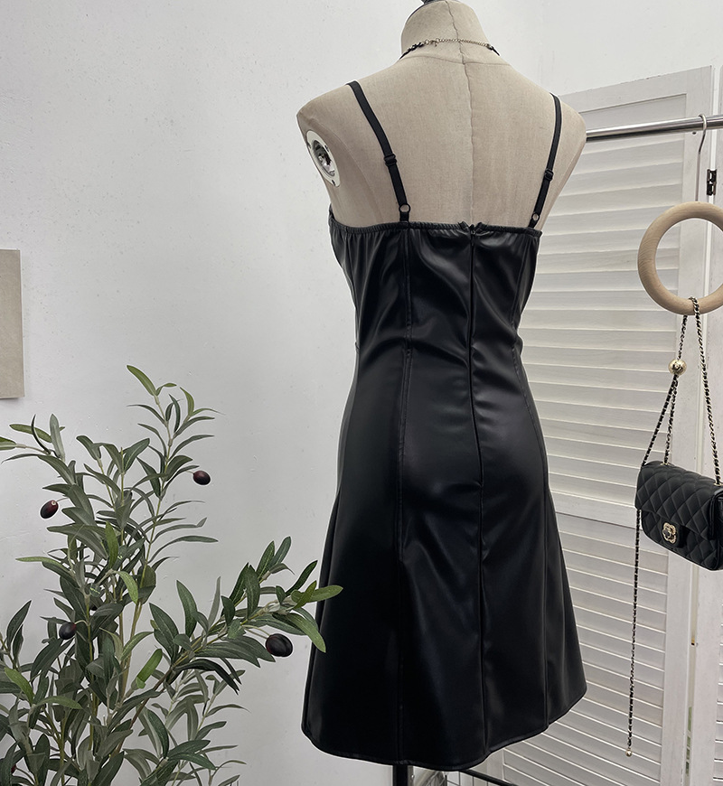Real Shot Sexy Sling Sheath A line Faux Leather Waist Slimming Short Chest Pad Dress