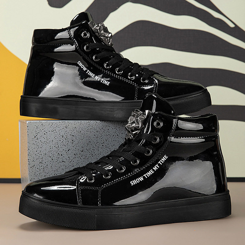 Giày sneaker nam cổ cao da bóng phong cách Hàn Quốc, giày thể thao thời trang cá tính — Bạc, màu xanh, màu đen, màu đỏ
