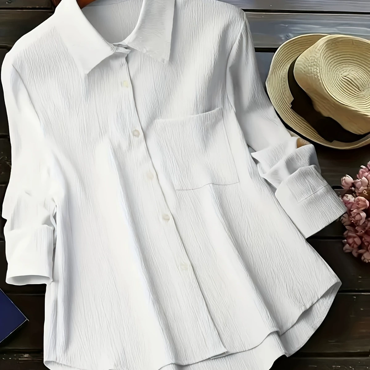 Внешняя торговля 2023 Европа и США отворот с длинными рукавами нагрудный карман сплошной цвет рубашка женская