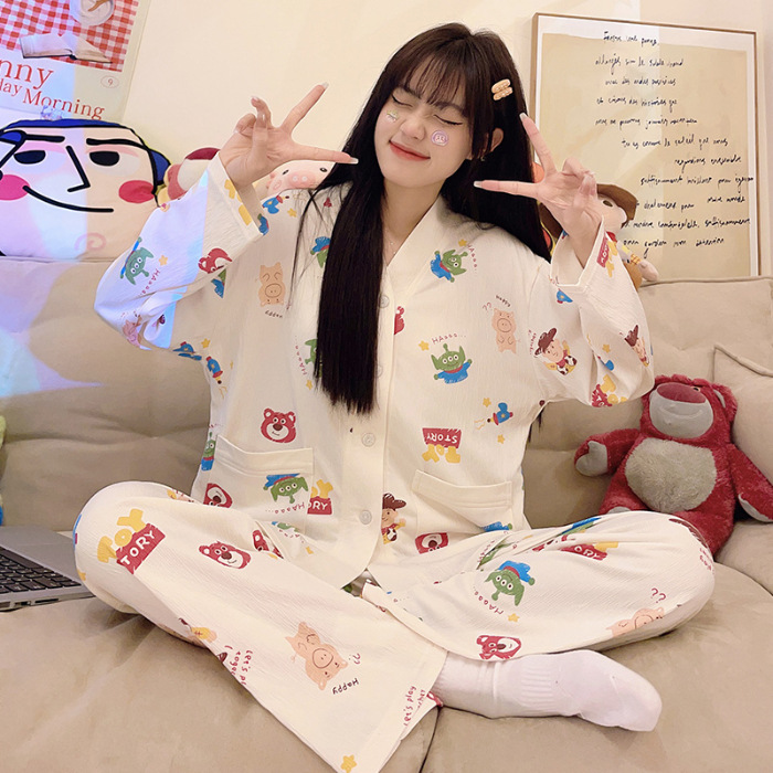 Sweet Girl pijamas mujeres de punto algodón ruffle Otoño Invierno manga larga pantalones y cuello cardigan inicio desgaste traje casual