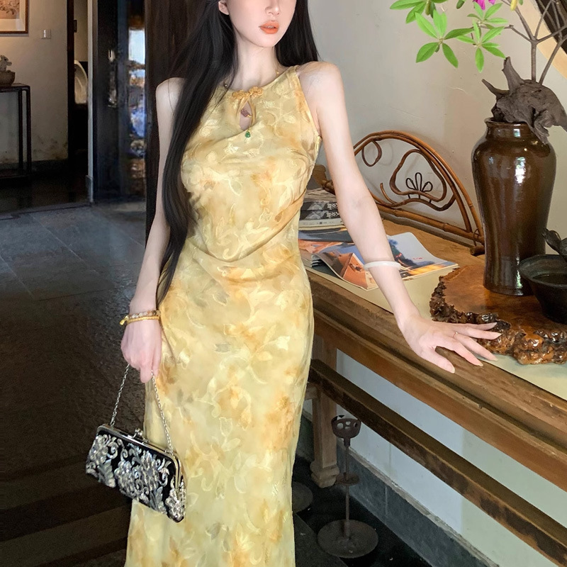 [春志唐信] 民族風の新しい中国風の花柄ショルダーカット改良チャイナドレスミドル丈ドレス気質優しい婦人服|undefined