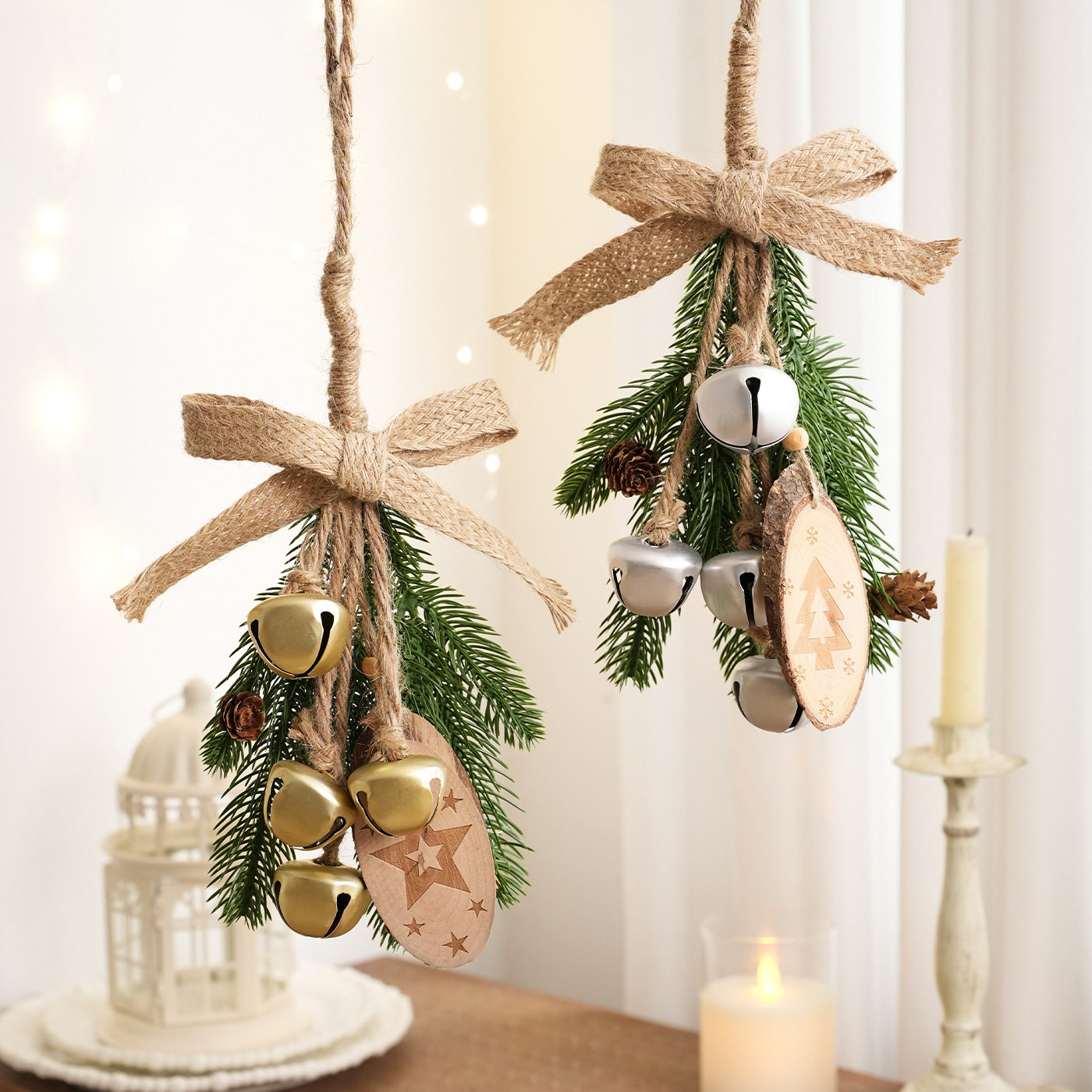 Colgante de Navidad campana pequeña cuerda de cáñamo arco decoración árbol de Navidad pinos ramas de madera escenas de diseño suministros