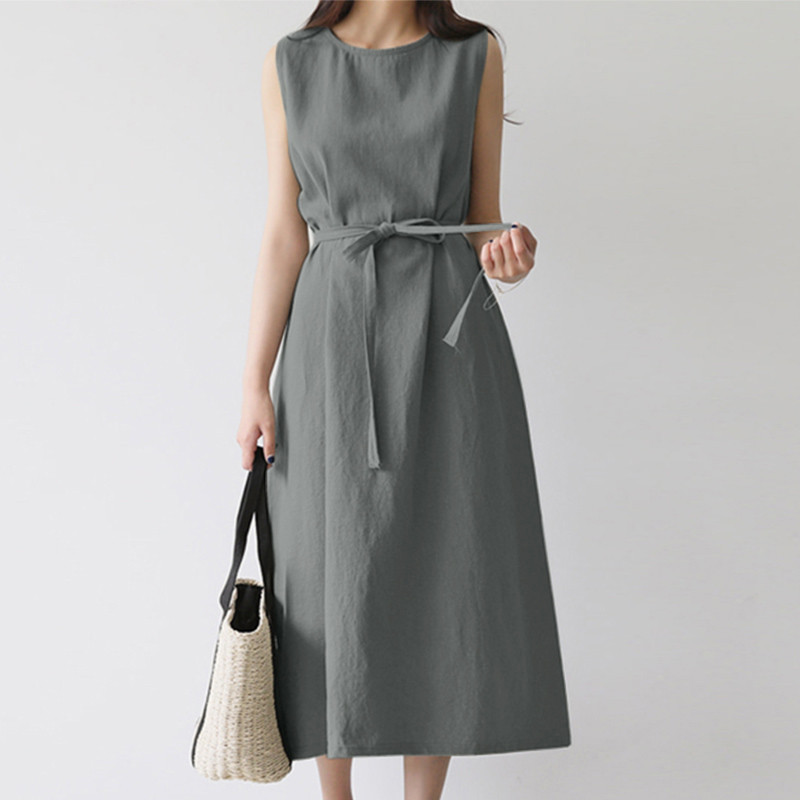 European And American Cross-border Women's Fashion Loose Bohemian Sleeveless Round-neck Solid Color Cotton-linen Long_ecoleips.com