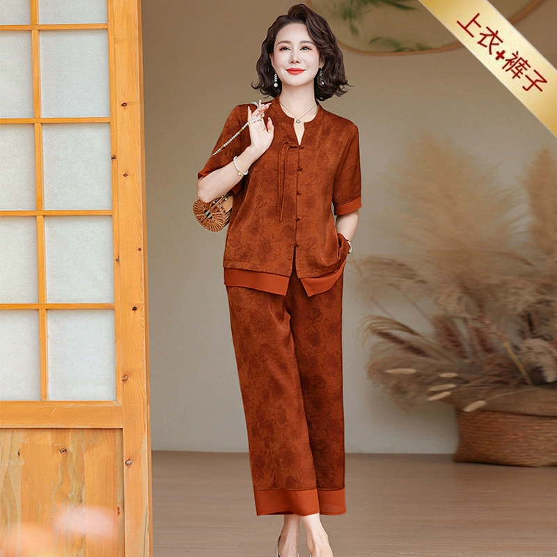 Guофэн с короткими рукавами рубашка костюм мамы 50-летняя женщина среднего и пожилого возраста китайский кардиган футболка из двух частей