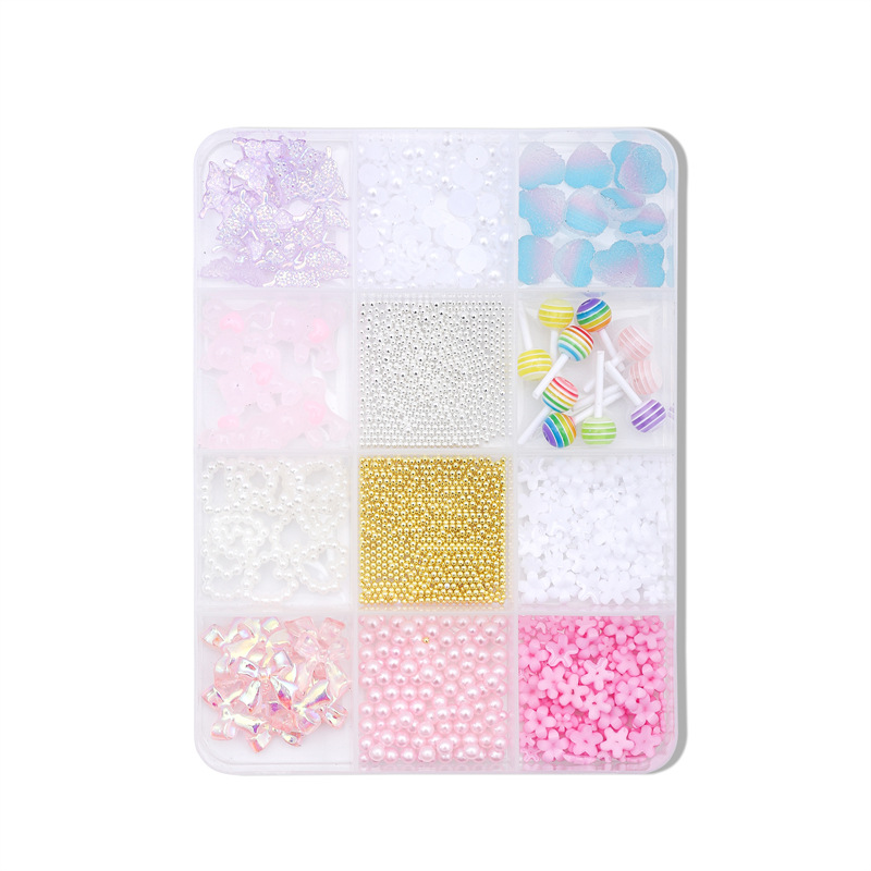 Exclusividad transfronteriza para 12 cuadros de uñas mixtas, joyas de resina, arco, perlas, Aurora, diamantes de forma especial, juego de joyas de bricolaje