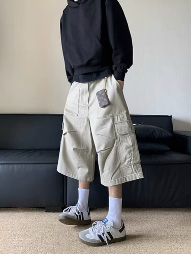 New summer thin loose wide-leg work shorts men's Japanese fashion brand ins straight casual elastic shorts