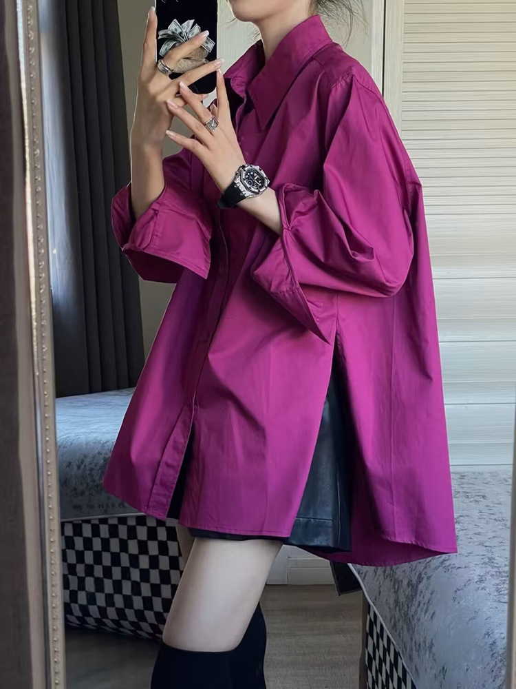 高级感轻奢玫红色衬衫上衣女设计感小众女款独特别致宽松防晒外套