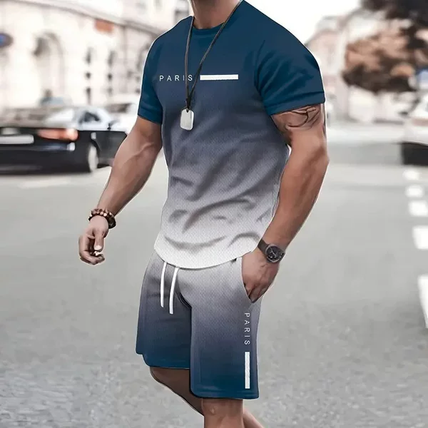 2026 Amazon Best-Selling Set of Fashionable Short-Sleeved T-Shirts and Pants, Loose-Fitting Men's Clothing with 3D Digital Printing and Gradient Colors
