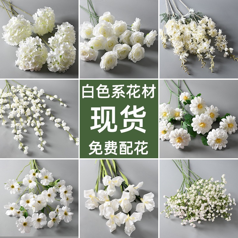 White artificial flowers for home, wedding, and ceremony hall ceiling decoration, roses and hydrangeas, wholesale from manufacturer