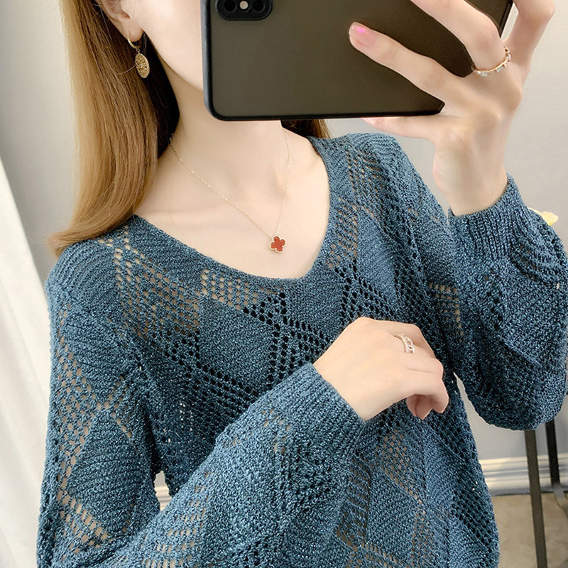 Early Spring New Sweater Knitwear Women's Thin Blouse Coat Hollow Solid Color Loose Long-sleeved Top for Outer Wear