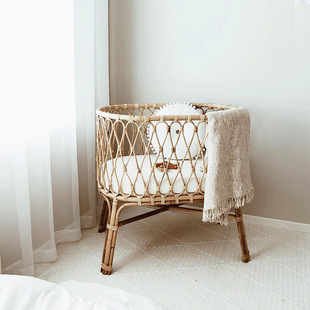 French Rattan Baby Bed Nordic Vintage Handmade Natural Imported Real Rattan Baby Bed Children's Bed Small Bed
