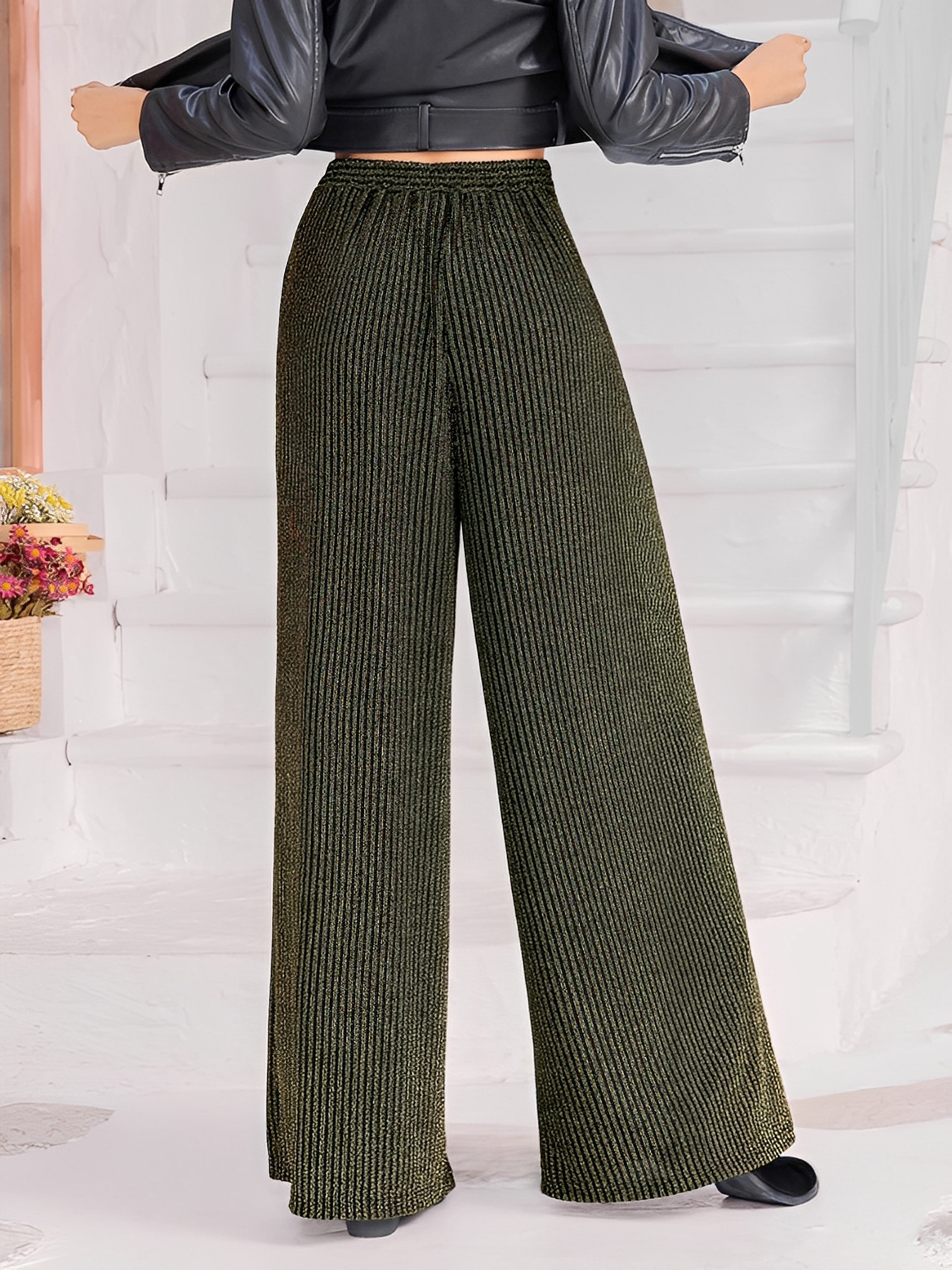 Women's Casual Trousers In Military Green, Relaxed Fit Pull-On Pants With Stylish Asymmetrical Detail_ecoleips.com
