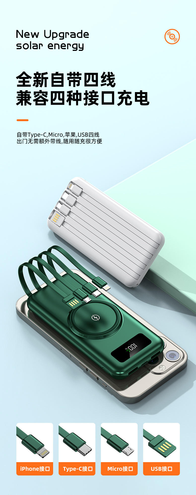 20,000 mAh super large capacity wireless charging portable mobile power bank with built-in cable - cross-border new model.