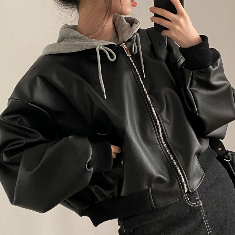韩国东大门秋季新款假两件连帽皮衣外套女酷飒风高级感夹克机车服|undefined