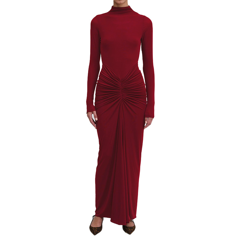 2025 Autumn Winter New Cross-Border European And American Foreign Trade Sexy Waist Slimming Solid Color Long Elegant_ecoleips.com