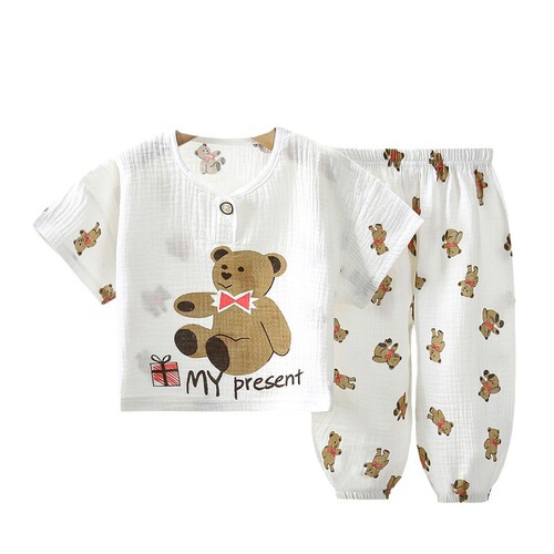 Children's Double-Layer Cotton Yarn Set Summer Thin Boys' and Girls' Pure Cotton Homewear Pajamas Muslin Air-Conditioning Clothes Children's Clothing