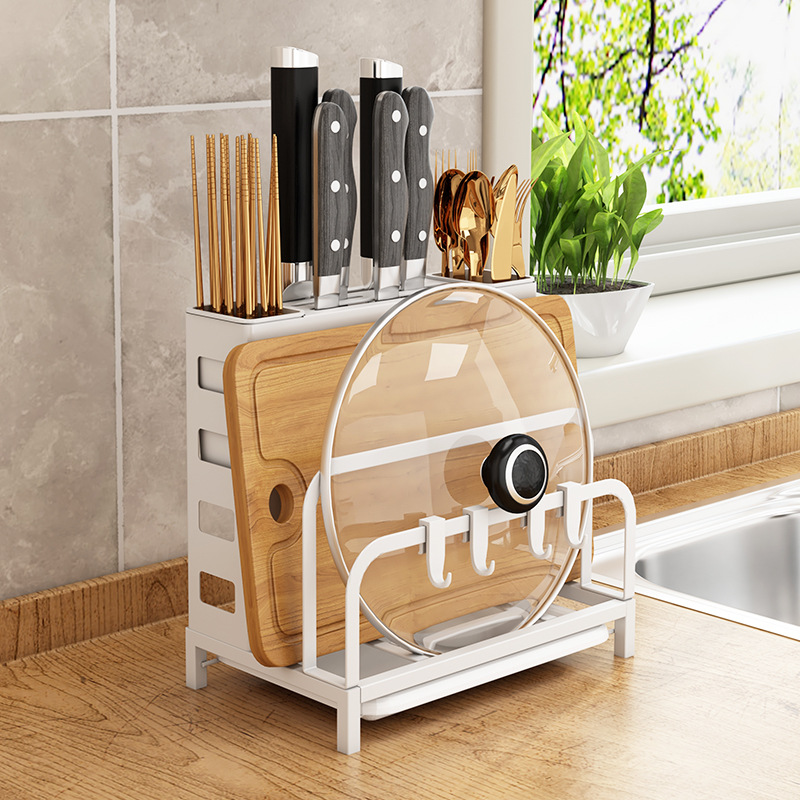 白色廚房菜刀架多功能置物架台面不鏽鋼砧板刀架砧筷桶一體收納架