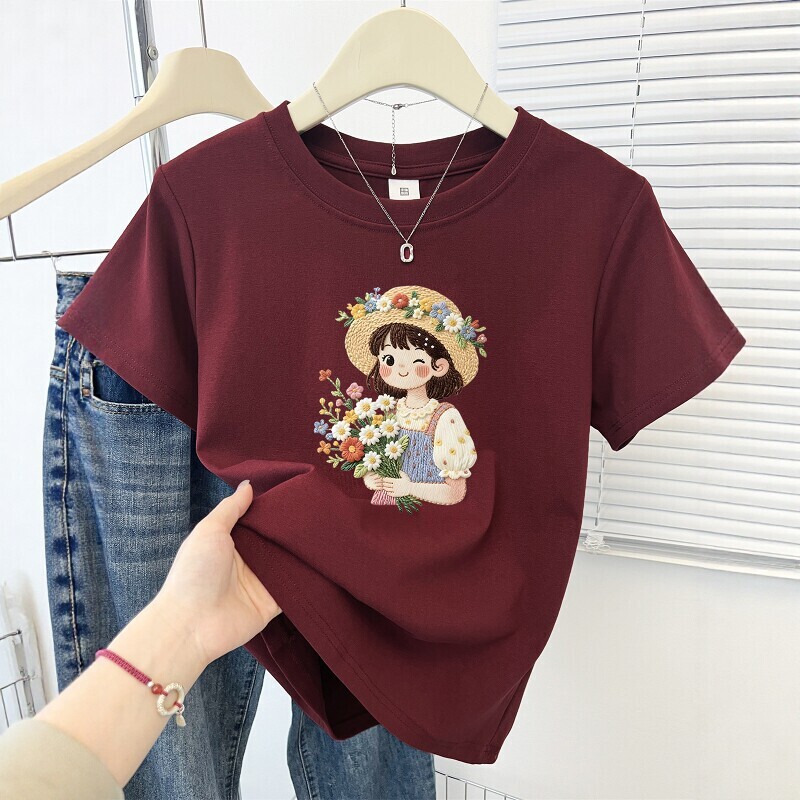 Pure Cotton Summer 2026 New Cute Little Girl Printed Round Neck Short-Sleeved T-Shirt for Women, Fashionable and Versatile Age-Reducing Top