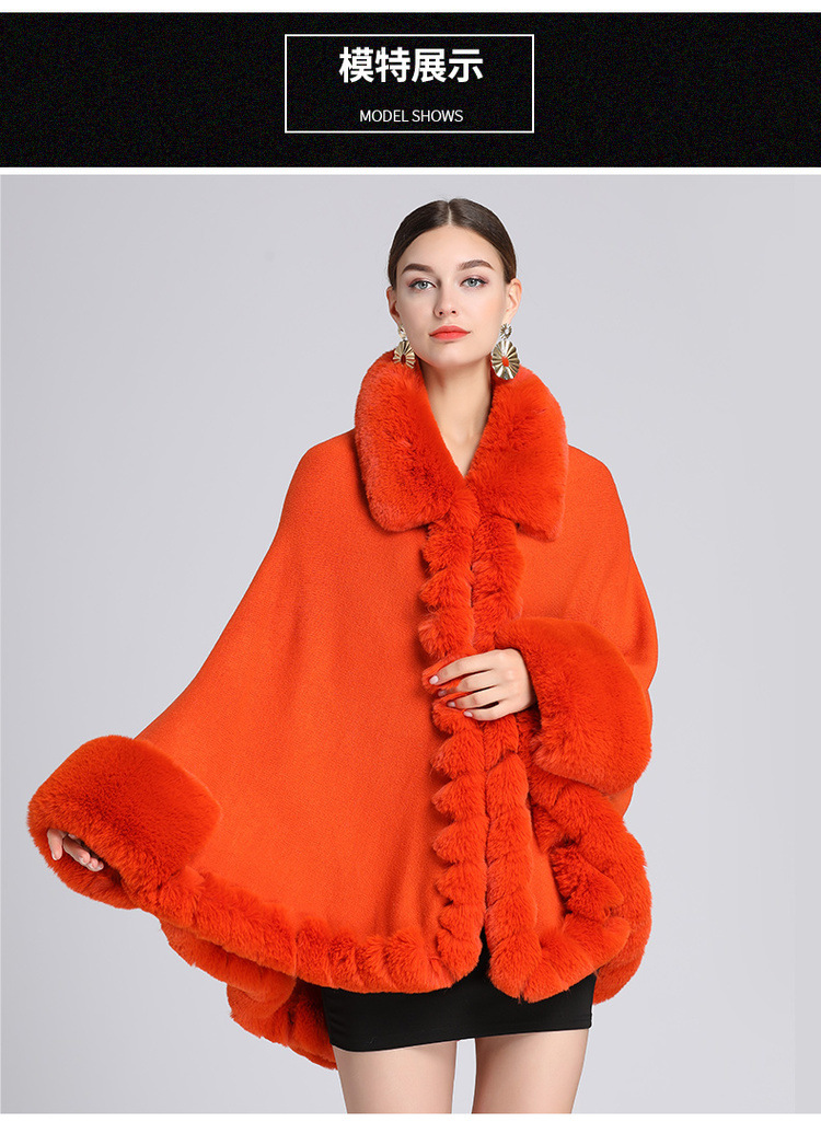 Rex Rabbit Fur Collar Shawl Cape - Black
