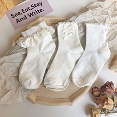 Japanese-style sweet-girl lace-up jk socks with bow-knot and scalloped edges—mid-calf length, preppy-style, thin student socks with ruffled trim