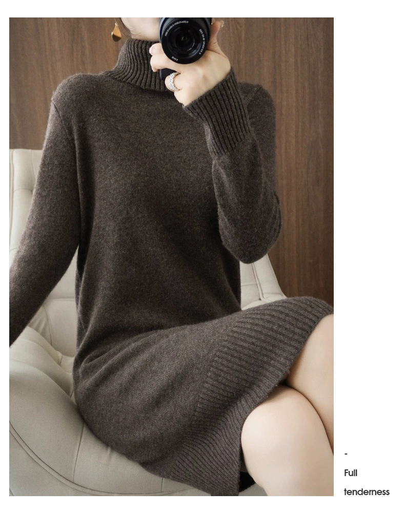 2022 Casual Autumn Winter Knitted Sweater Pullovers Dress Women Basic Loose Turtleneck Sweater Female Warm Long Dress WF192 brown sweater