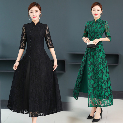 Improved aodai qipao cheongsam chinese dress lace long sleeve Chinese wind robe for women