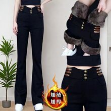 冬上新加绒牛仔微喇裤女专业设计感高腰弹力收身显瘦大码喇叭长裤