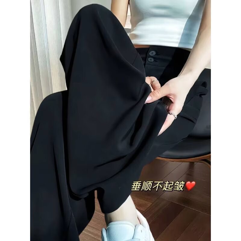 黒のダブルボタンカジュアルストレートスーツパンツ女性の夏の新しい大きいサイズファットmmハイウエストドレープヒップカバー痩身ワイドレッグパンツ|undefined