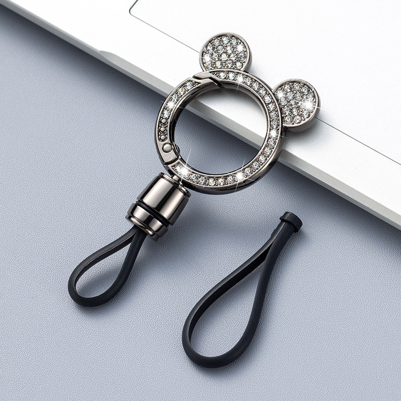 Llavero de coche con incrustaciones de diamantes de gama alta Mickey cabeza de doble cara diamante fino estándar doble cuerda de cuero resistente a los arañazos llave del coche hombres y mujeres pareja