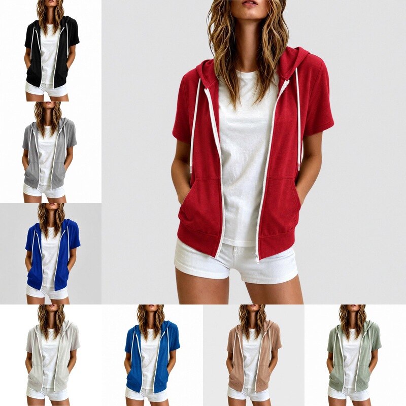 Amazon European and American foreign trade women's clothing, hooded short-sleeve cardigan, loose-fitting zip-up casual jacket, sporty style top Amazon European and American foreign trade women's clothing, hooded short-sleeve cardigan, loose-fitting zip-up casual jacket, sporty style top