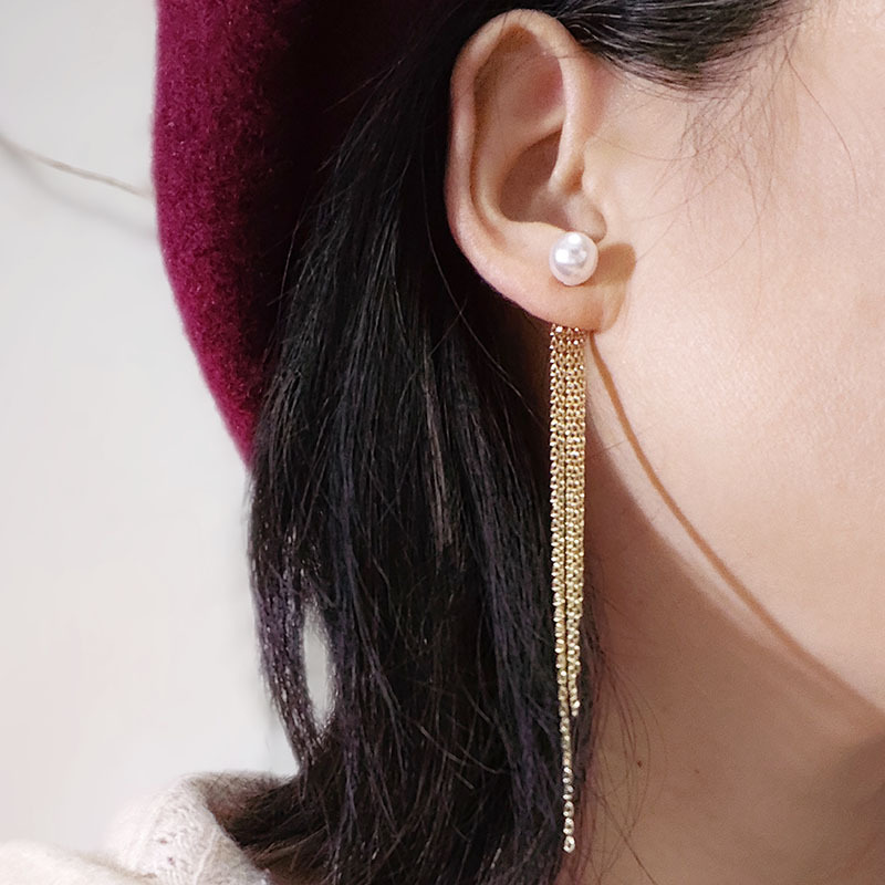 新品日韩流行珍珠耳环S925银针耳线长款流苏珍珠耳钉耳坠两戴耳饰|ru