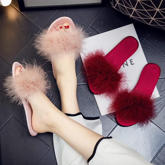 Wedding Morning Gown with Slippers New Style Mao Mao Women's Outer Wear Fashion Low Heel Wedding Bridesmaid Feather One-Slip Shops