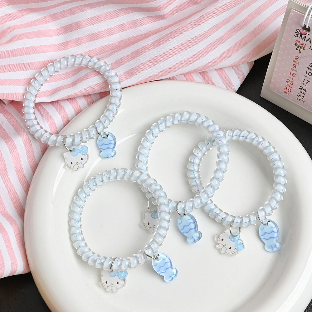 Clear Kitten and Fish Pendant Phone Cord Girl Heart Bracelet Seamless Hair Tie Ins Sweet Hair Accessories Best Friend Gift