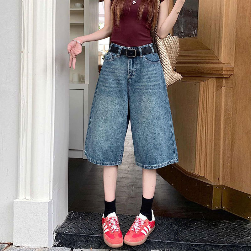 Petite High-Waisted Tummy Control Height-Enhancing Wide-Leg Cropped Denim Shorts for Women 2025 Summer Thin Slimming Straight Mid-Length Shorts