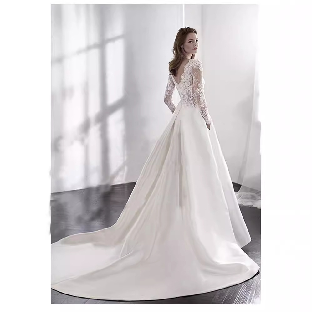Vestido de boda de encaje nuevo satén de manga larga Europa y América comercio exterior Amazon AliExpress Wish velo ligero vestido de boda adelgazante